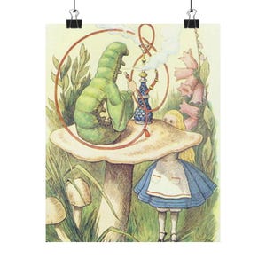 Illustration Poster Print Art, Alice Meets the Caterpillar, Alice in Wonderland Vertical Art, Matte Poster, Lewis Carroll Print, Vertical