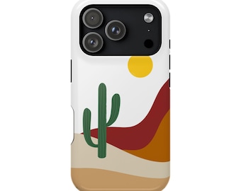 Capa para celular com paisagem desértica boho: Sol, cactos e dunas de areia.