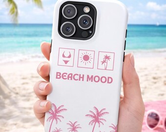 Funda para iPhone con diseño de playa tropical y puesta de sol con palmeras.