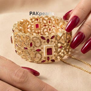 Gold Plated Nauratan Single Bangle - Openable Indian Wedding Kada, Size 2.4-2.6
