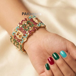 Nauratan Pearl and stones Single Bangle -  Openable Indian Wedding Kada, Size 2.4-2.6