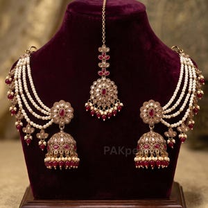 Indian Ruby Red Polki Jhumka with Sahara & Tikka Set - Wedding and Party Wear Earrings
