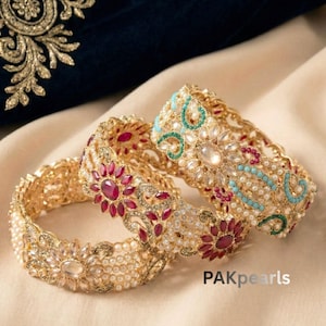 Nauratan Pearl Bangle, Multi Color Gold Tone Pakistani Jewelry, Openable Fit (Size 2.4, 2.6)