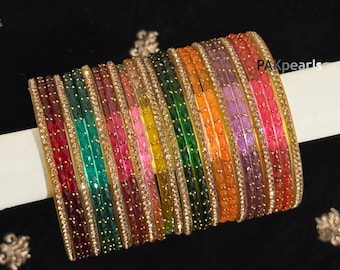 Raindrop Glass Bangle Set: Indian Wedding Jewelry, Gold Detail (26-Pcs