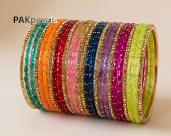 Raindrop Glass Bangle Set: Indian Wedding Jewelry, Gold Detail (26-Pcs