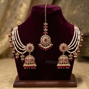 Indian Ruby Red Polki Jhumka with Sahara & Tikka Set - Wedding and Party Wear Earrings