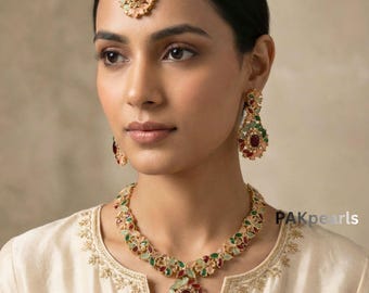 Necklace Set Earrings Tikka With Multi Color Stones , Nauratan Gold Plated Jewelry