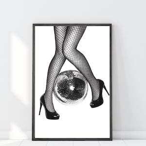Disco Ball Glam Luxury Sexy Fishnet Legs Wall Art Print Retro Fashion Photography Decor Monochrome High Heels Art Modern Boudoir Aesthetic