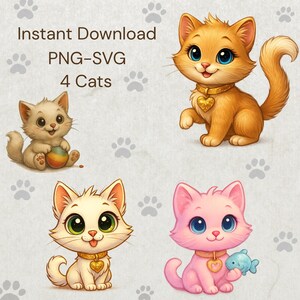 Kawaii Cat Clipart Bundle – 4 Cute Cats PNG | Digital Download for Stickers, Sublimation, Cricut, Scrapbooking & Crafts