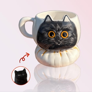 Custom Pet Mug with Cat Ears – Hand-Painted Ceramic Portrait Cup & Matching Coaster, Personalized Pet Lover Gift