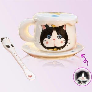 Custom Pet Mug with Lid, Saucer & Spoon – Personalized Ceramic Pet Cup, Cute Cat and Dog Lover Gift, Handcrafted Pet Portrait Mug
