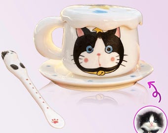 Personalized Pet Portrait Mug with Lid, Saucer & Spoon - Custom Ceramic Cat/Dog Lover Gift