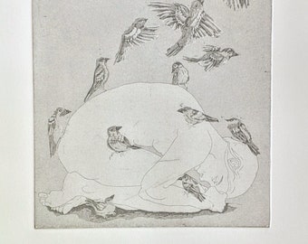 May include: A black and white etching of a figure with house sparrows. The figure is kneeling with sparrows surrounding them. The title "Figure With House Sparrows" is printed below the image.
