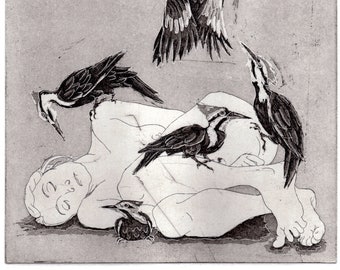 Dreaming Figure with Pileated Woodpeckers etching and aquatint