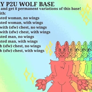 May include: A colorful digital art piece featuring a series of wolf-like characters in various colors, with text indicating different base variations. The text includes options for flat-chested and (sfw) chest, with and without wings.