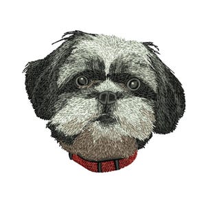 May include: Embroidered image of a Shih Tzu dog's head. The dog has black and white fur with a red collar. The image is detailed, showing the dog's eyes, nose, and mouth. The background is plain white.