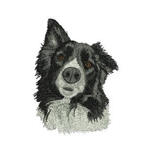 Könnte beinhalten: Gesticktes Porträt eines Border Collie-Hundes mit schwarz-weißem Fell, braunen Augen und einer schwarzen Nase. Der Kopf des Hundes ist leicht geneigt, was ihm einen neugierigen Ausdruck verleiht. Die Stickerei ist detailliert und strukturiert.