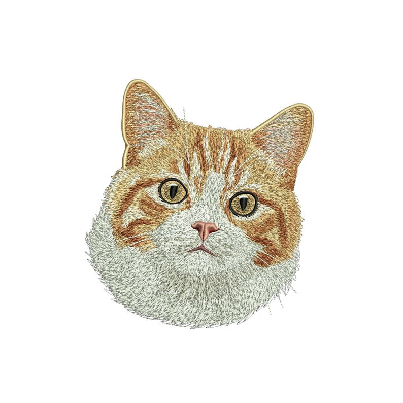 May include: An embroidered cat face with orange and white fur, detailed with yellow eyes and a pink nose. The cat's head is centered against a white background, showcasing the intricate stitching of the design. This image is suitable for cat lovers.