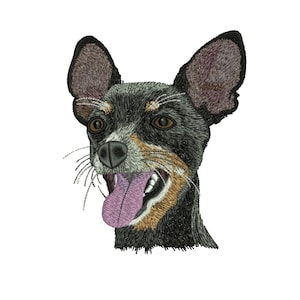 May include: Embroidered image of a dog's head, with black, brown, and tan fur. The dog has large, upright ears with pinkish-purple interiors. Its mouth is open, revealing a pink tongue and white teeth.