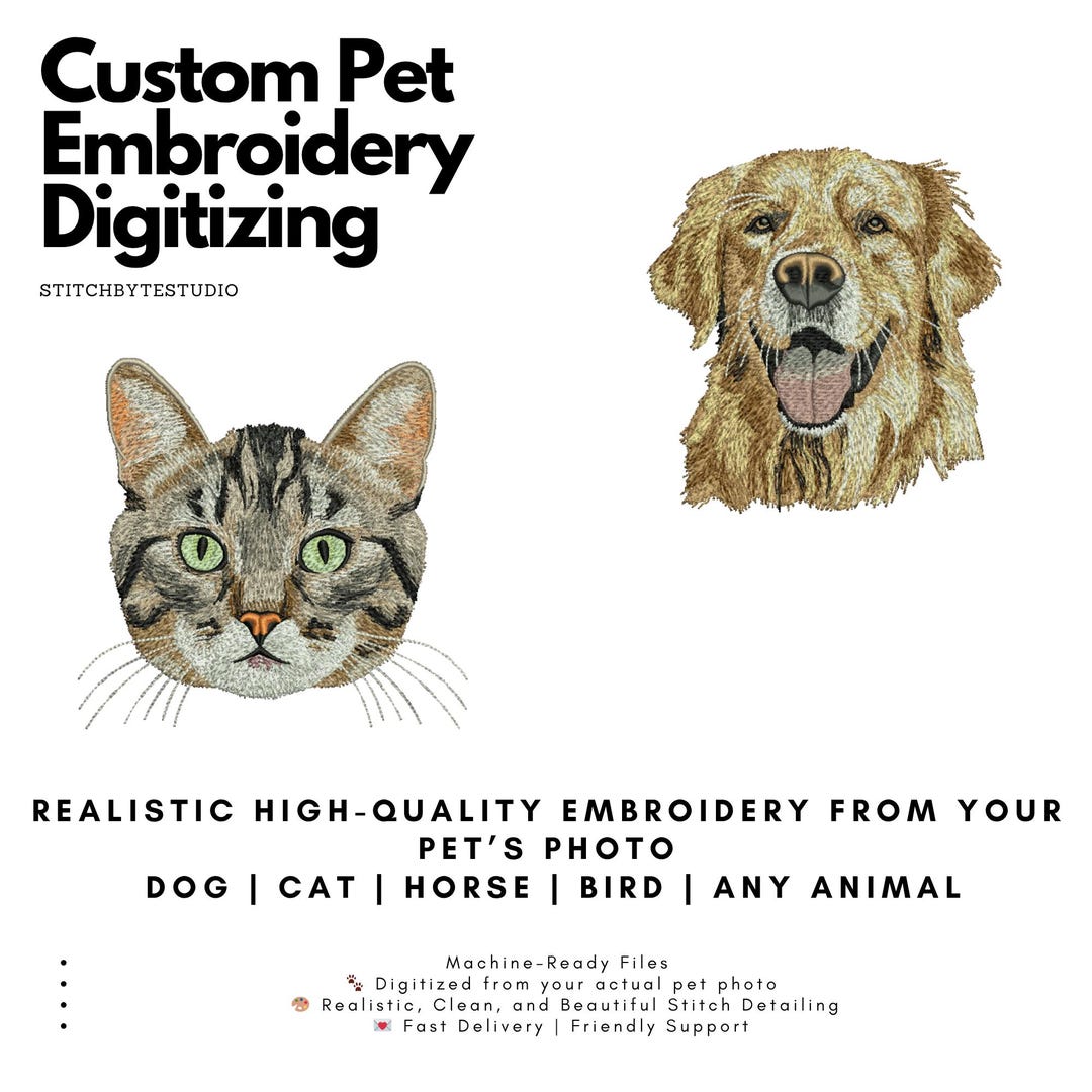 Custom Realistic Pet Embroidery Design | Digitized From Photo | Any ...