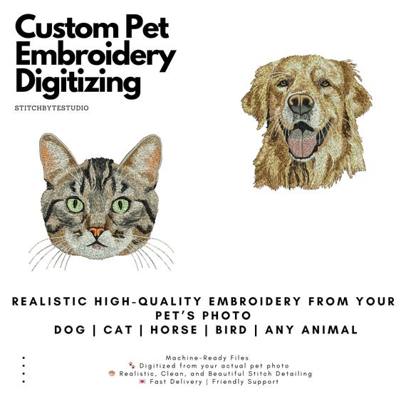 Custom Realistic Pet Embroidery Design | Digitized From Photo | Any Animal Portrait