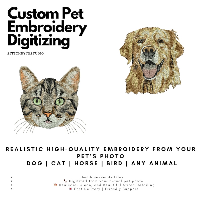 Custom Realistic Pet Embroidery Design | Digitized From Photo | Any ...