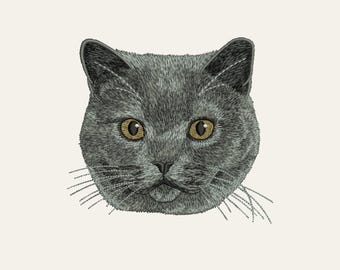 British Shorthair Cat Embroidery Design: Realistic Gray Cat Face (5x7 Hoop, Digital File)
