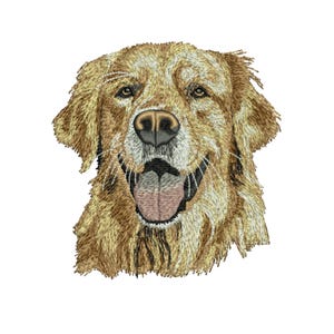 May include: Embroidered image of a Golden Retriever dog's head. The dog has a light brown and cream-colored coat, with a pink tongue and a black nose. The dog is smiling with its mouth open.
