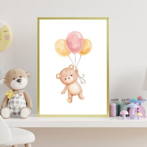 Póster digital para habitación infantil: Oso con globos | Decoración de pared para habitación de bebé | Descarga instantánea | A4, A3, 30 x 40 cm