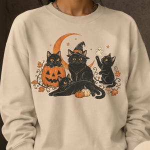Felpa con gatto nero e zucche, maglione di Halloween con gatto, estetica retrò di Halloween, felpa da strega di Halloween da donna, gatti neri