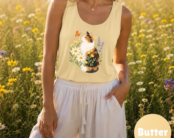 Camiseta sin mangas con ilustración floral de gato calico / Margaritas y lavanda