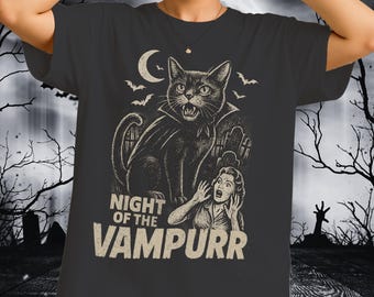 T-shirt vintage de chat d'horreur, nuit du vampire, t-shirt effrayant d'Halloween