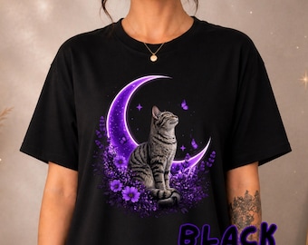 Tabby Cat with Crescent Moon and Purple Butterfly T-shirt | Floral Night Scene