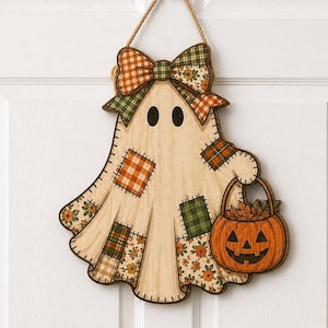 かわいいパッチワークのゴースト木製サイン、ハロウィン玄関ドアハンガー、素朴なカボチャの秋の装飾、ファームハウスゴーストウェルカムサイン