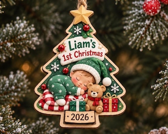 Personalized Baby’s First Christmas Ornament 2026, Custom Name Newborn Keepsake, 3D Wood Baby Christmas Gift
