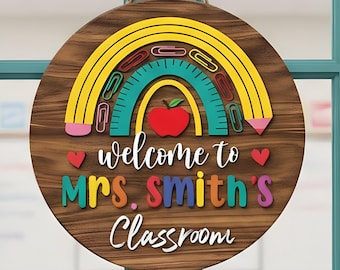 Personalisiertes Lehrer-Türschild, Lehrer-Geschenke, Lehrer-Türschild, Lehrer-Anerkennungsgeschenk, Klassenzimmer-Türschild, Regenbogen-Klassenzimmerdekor