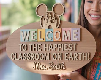 Disney Happiest Classroom Sign, Custom Teacher Class Welcome Sign, Minnie Castle Wall Decor, Back to School Gift, Teacher Wooden Sign