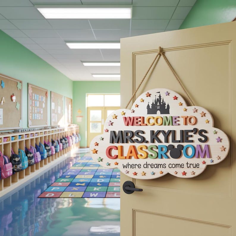 May include: A wooden classroom sign in the shape of a cloud, with the words "WELCOME TO MRS. KYLIE'S CLASSROOM" in colorful 3D letters. The sign includes a castle silhouette and the phrase "where dreams come true."