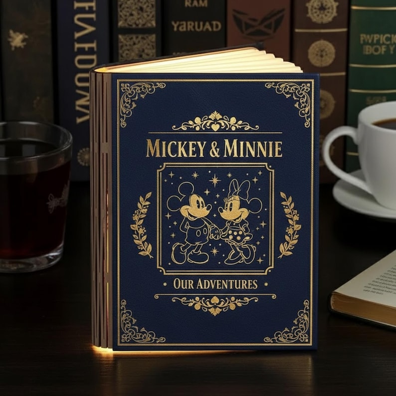 Lámpara de libro de Mickey Mouse, lámpara de libro de Disney, decoración de pareja, decoración de habitación, luces de libro de madera, lámpara de libro plegable, libro con luz LED, regalo de San Valentín