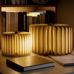 May include: Two illuminated paper lamps, resembling open books, sit on a desk. The lamps are made of folded paper, emitting a warm, inviting glow. A closed book and an open book are on the desk. Bookshelves are in the background.