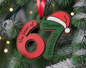 Custom Name Viral 67 Wooden Ornament, Six Seven Ornament, Personalized Ornament Funny Teen Grandkid Gift, Gen Alpha Humor, 67 Meme Ornament