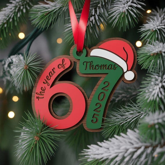 Custom Name Viral 67 Wooden Ornament, Six Seven Ornament, Personalized Ornament Funny Teen Grandkid Gift, Gen Alpha Humor, 67 Meme Ornament