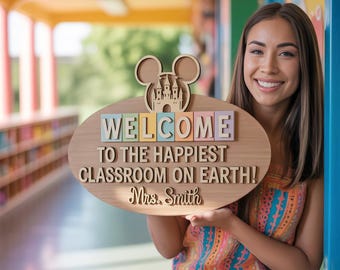 ディズニーのハッピー教室サイン、カスタム教師クラスウェルカムサイン、ミニーキャッスル壁飾り、新学期ギフト、教師用木製サイン