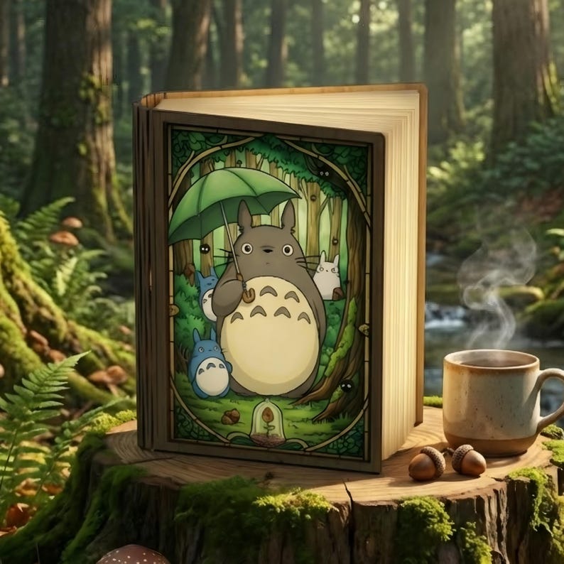 May include: A wooden book with a colorful illustration of Totoro holding an umbrella in a forest scene. The book is open, with the pages lit from within. A mug of coffee and acorns sit nearby on a mossy tree stump, creating a cozy, nature-themed display.
