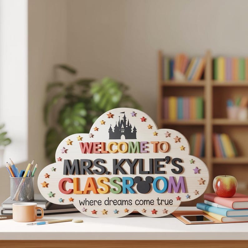 May include: Wooden classroom sign in the shape of a cloud, with the words "WELCOME TO MRS. KYLIE'S CLASSROOM" in colorful letters. A castle silhouette and stars decorate the top. The phrase "where dreams come true" is at the bottom.