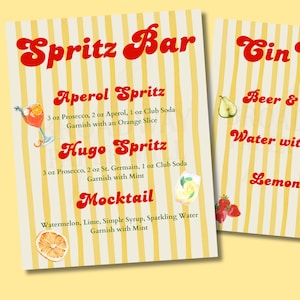 Menu du bar Spritz imprimable signe de boisson d'été italien Aperol Spritz Hugo Spritz décoration de bar de mariage Menu cocktail Shower nuptiale mariage ou fête