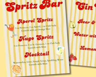 Menu do bar Spritz para impressão Placa de bebida italiana de verão Aperol Spritz Hugo Spritz Decoração de bar para casamento Menu de coquetéis Chá de panela Casamento ou festa