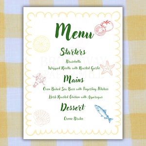 Modèle de menu d'été côtier imprimable Menu de fête de dîner de plage Carte de menu d'été modifiable Menu du dîner sur le thème de l'océan Modèle modifiable sur toile