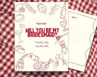 Italian Bridesmaid Proposal Customizable Invitation, Italian Wine Pizza Pasta Illustration, Tuscany Wedding Party, Canva Editable Template