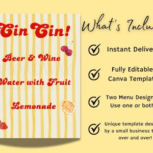 May include: A menu design with a yellow and white striped background. The menu features the words "Cin Cin!" in red, along with "Beer & Wine", "Water with Fruit", and "Lemonade". The menu also includes illustrations of fruit.